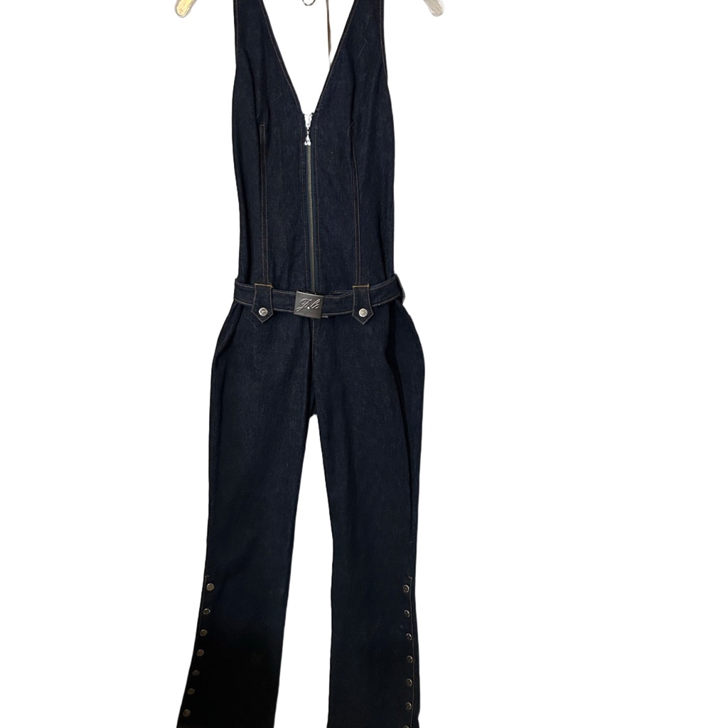 Brand New Jennifer Lopez Denim Halter Jumpsuit With Rhinestone Buckle Belt